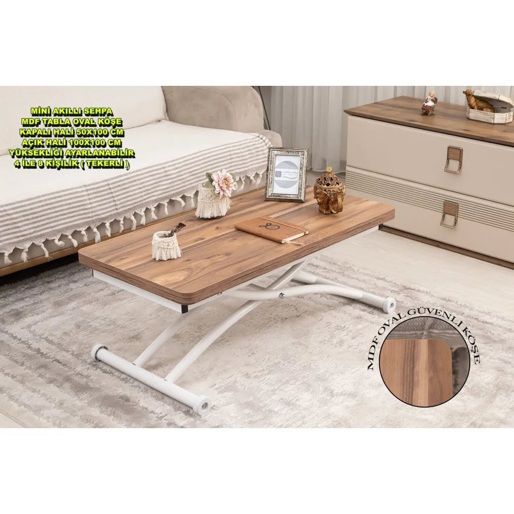 Mini Juppo Dışa K Akıllı Sehpa Üst Tabla Mdf Urartu Oval Köşe Alt Ayak Beyaz Renk