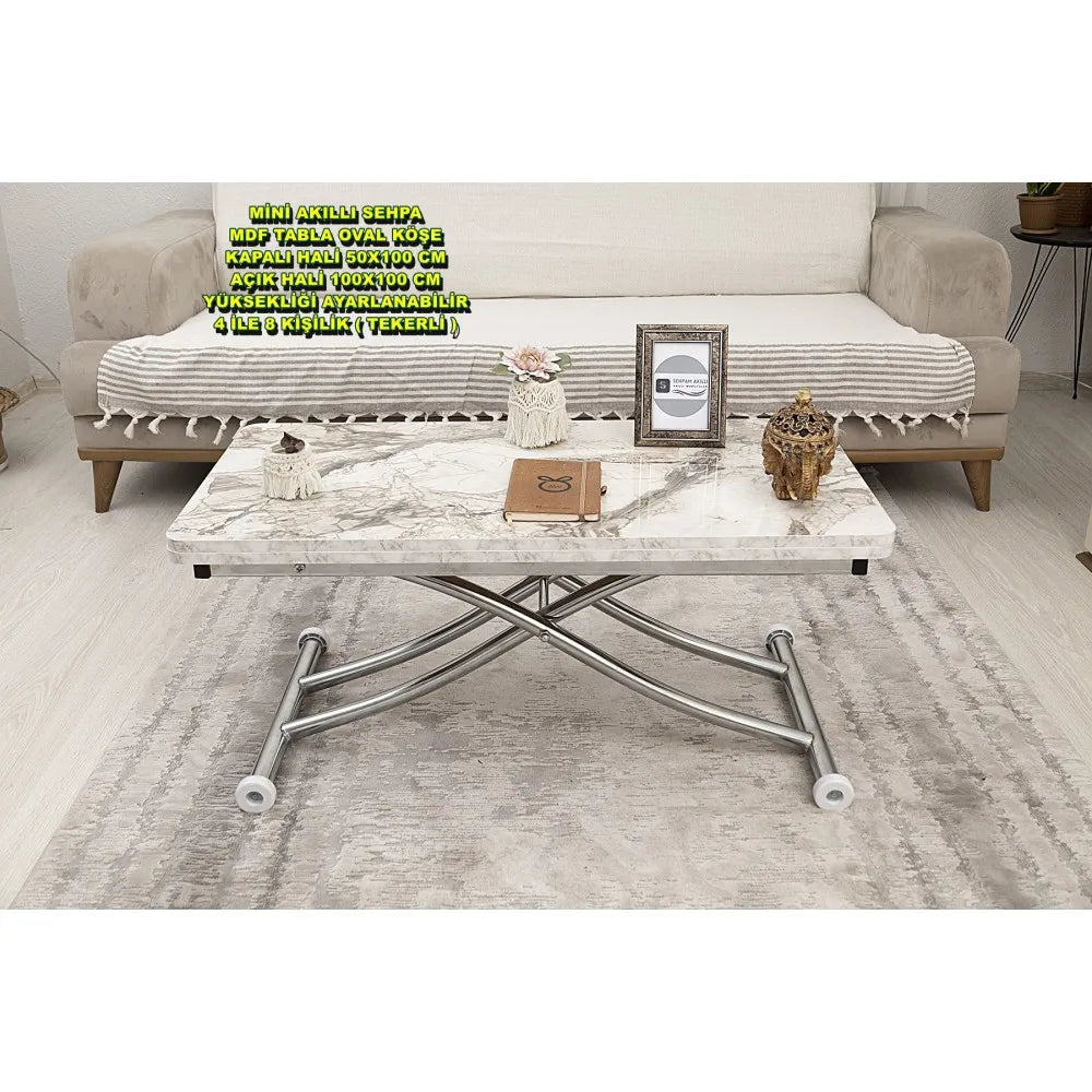 Mini Juppo İçe K Akıllı Sehpa Üst Tabla Mdf Beyaz Mermer Oval Köşe Alt Krom Kaplama