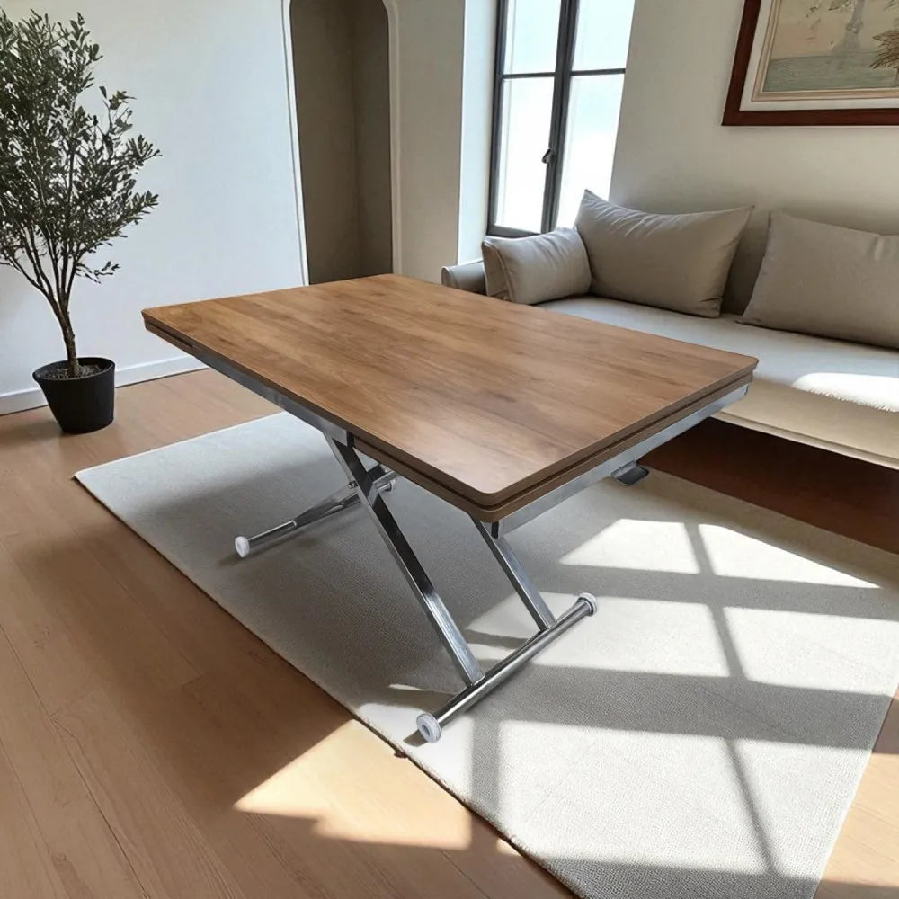 Yan Baştan Açılır Akıllı Masa Üst Mdf Ceviz Alt Ayak Krom Kaplama