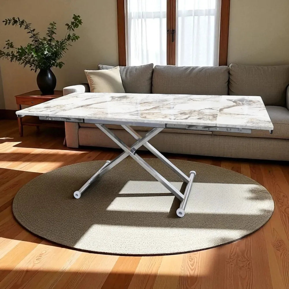 Yan Baştan Açılır Akıllı Masa Üst Mdf Beyaz Mermer Alt Ayak Krom Kaplama