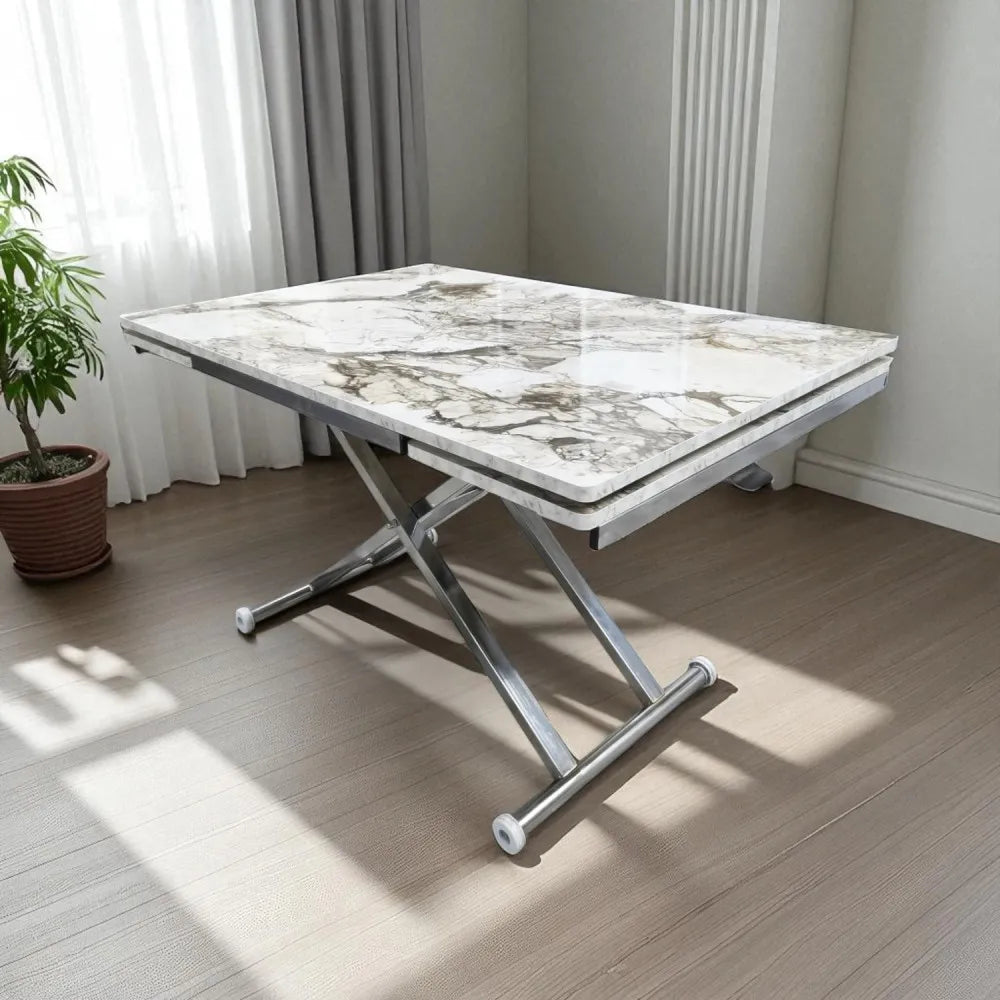 Yan Baştan Açılır Akıllı Masa Üst Mdf Beyaz Mermer Alt Ayak Krom Kaplama