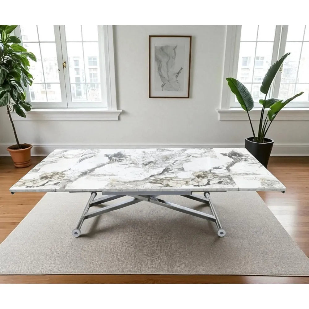 Yan Baştan Açılır Akıllı Masa Üst Mdf Beyaz Mermer Alt Ayak Krom Kaplama