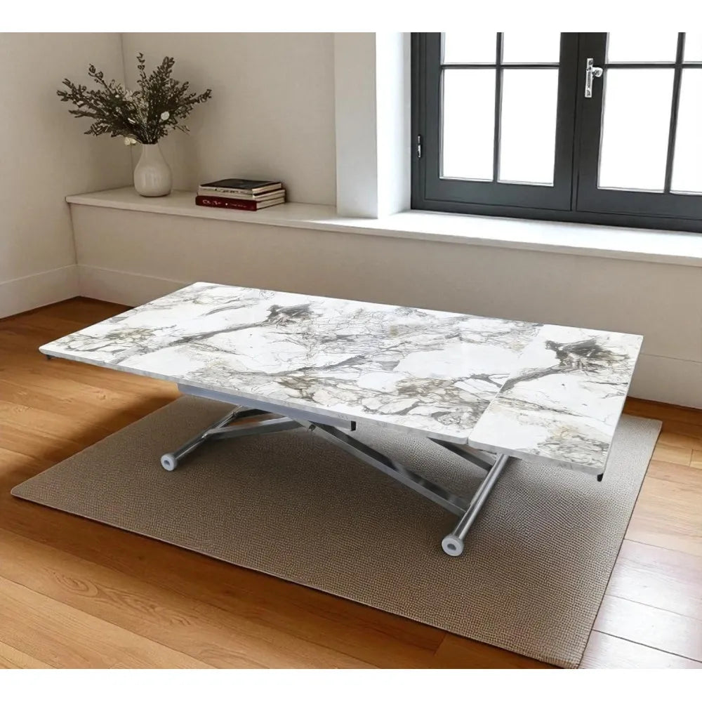 Yan Baştan Açılır Akıllı Masa Üst Mdf Beyaz Mermer Alt Ayak Krom Kaplama