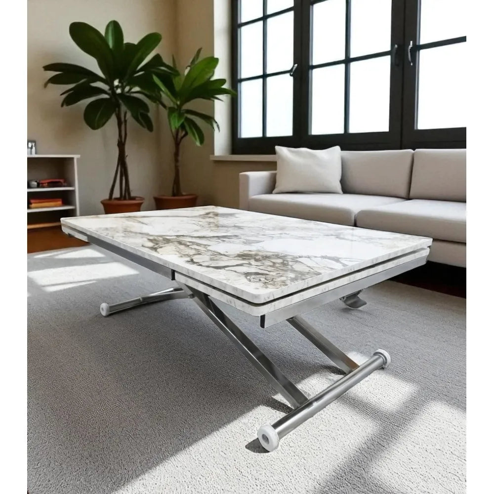 Yan Baştan Açılır Akıllı Masa Üst Mdf Beyaz Mermer Alt Ayak Krom Kaplama