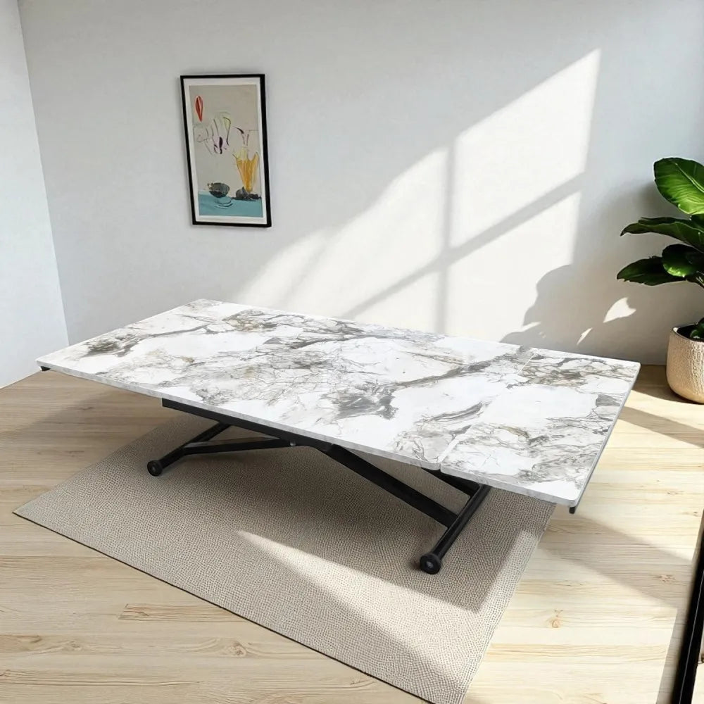 Yan Baştan Açılır Akıllı Masa Üst Mdf BEYAZ MERMER Alt Ayak Siyah Renk