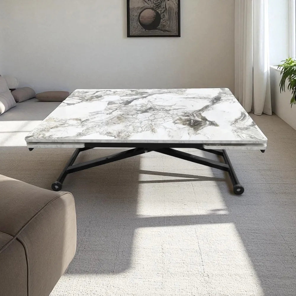 Yan Baştan Açılır Akıllı Masa Üst Mdf BEYAZ MERMER Alt Ayak Siyah Renk