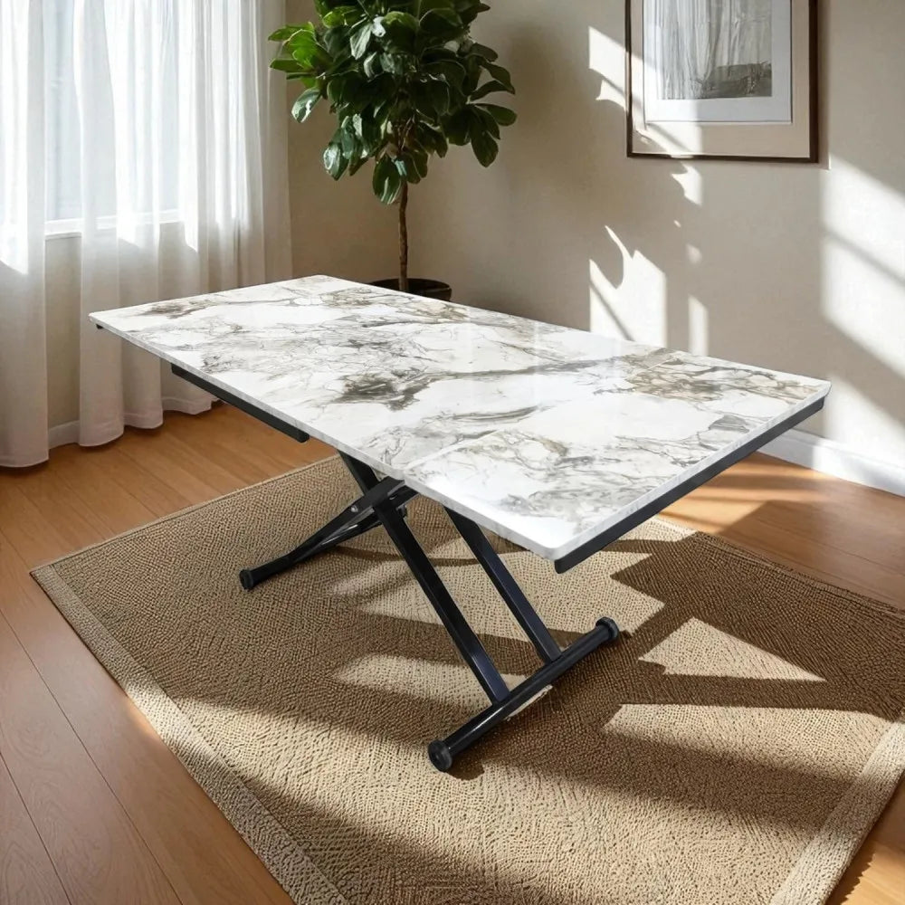 Yan Baştan Açılır Akıllı Masa Üst Mdf BEYAZ MERMER Alt Ayak Siyah Renk