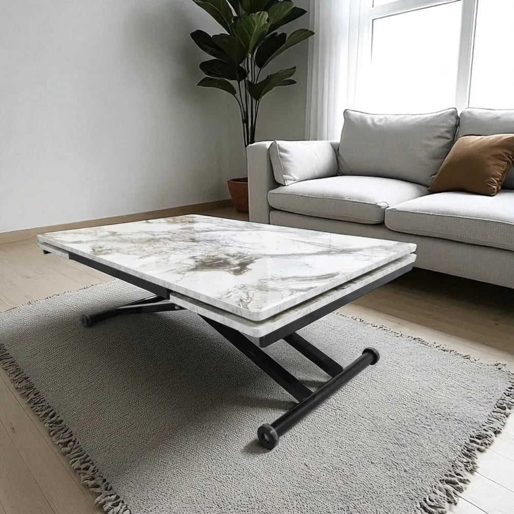 Yan Baştan Açılır Akıllı Masa Üst Mdf BEYAZ MERMER Alt Ayak Siyah Renk