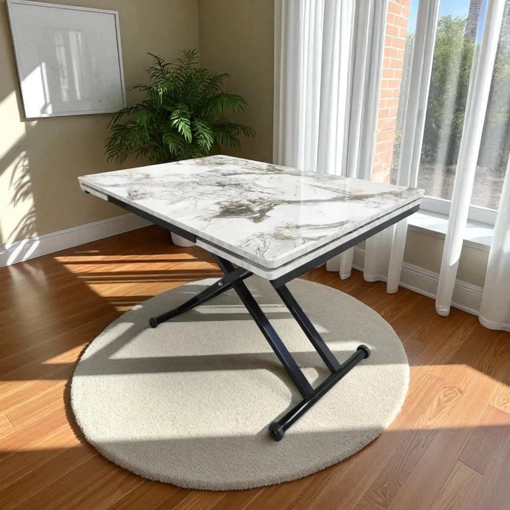 Yan Baştan Açılır Akıllı Masa Üst Mdf BEYAZ MERMER Alt Ayak Siyah Renk