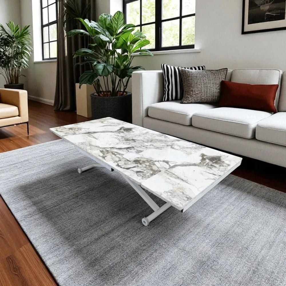 Yan Baştan Açılır Akıllı Masa Üst Mdf BEYAZ MERMER Alt Ayak Beyaz Renk