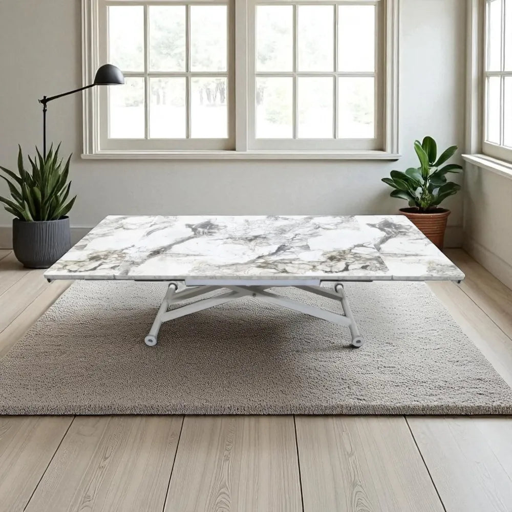 Yan Baştan Açılır Akıllı Masa Üst Mdf BEYAZ MERMER Alt Ayak Beyaz Renk