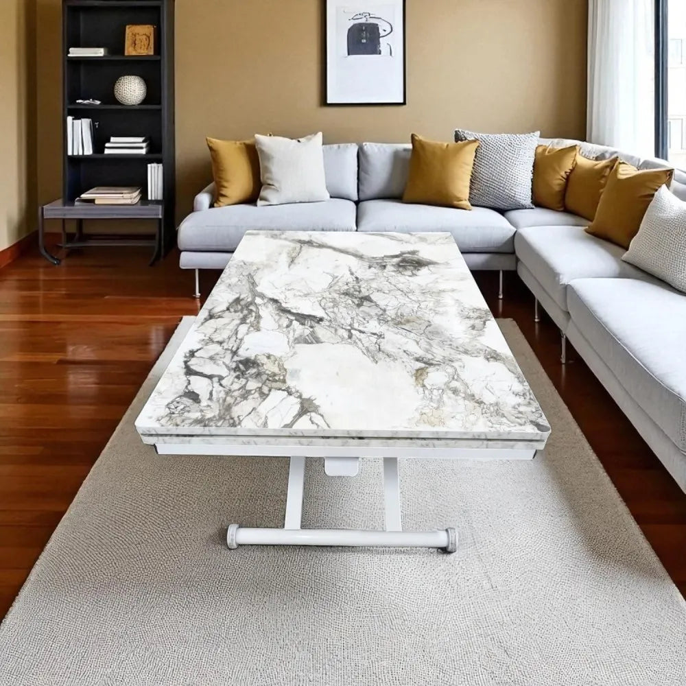 Yan Baştan Açılır Akıllı Masa Üst Mdf BEYAZ MERMER Alt Ayak Beyaz Renk