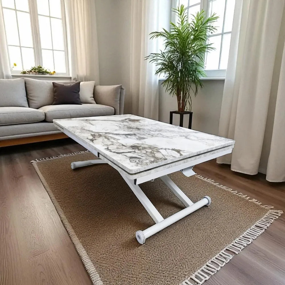 Yan Baştan Açılır Akıllı Masa Üst Mdf BEYAZ MERMER Alt Ayak Beyaz Renk