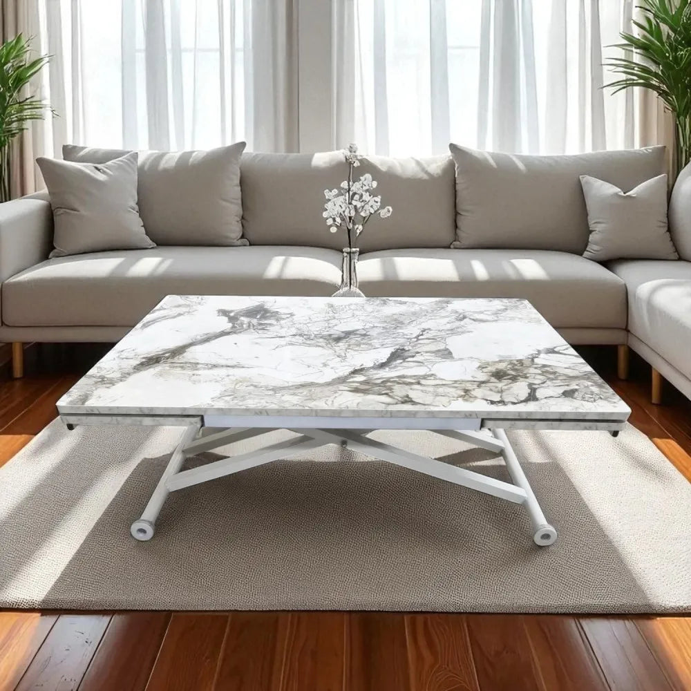 Yan Baştan Açılır Akıllı Masa Üst Mdf BEYAZ MERMER Alt Ayak Beyaz Renk