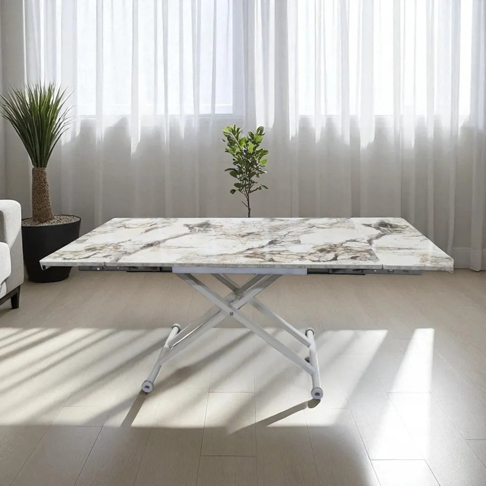 Yan Baştan Açılır Akıllı Masa Üst Mdf BEYAZ MERMER Alt Ayak Beyaz Renk