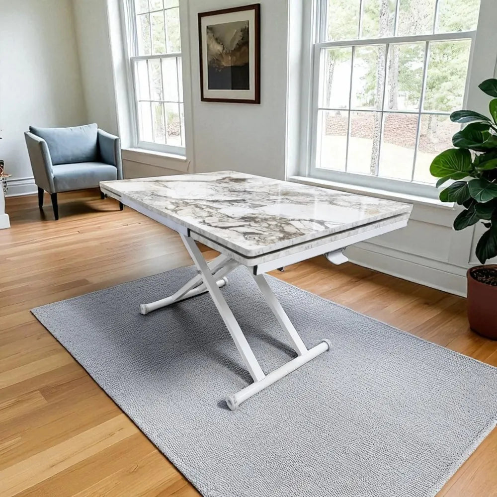 Yan Baştan Açılır Akıllı Masa Üst Mdf BEYAZ MERMER Alt Ayak Beyaz Renk