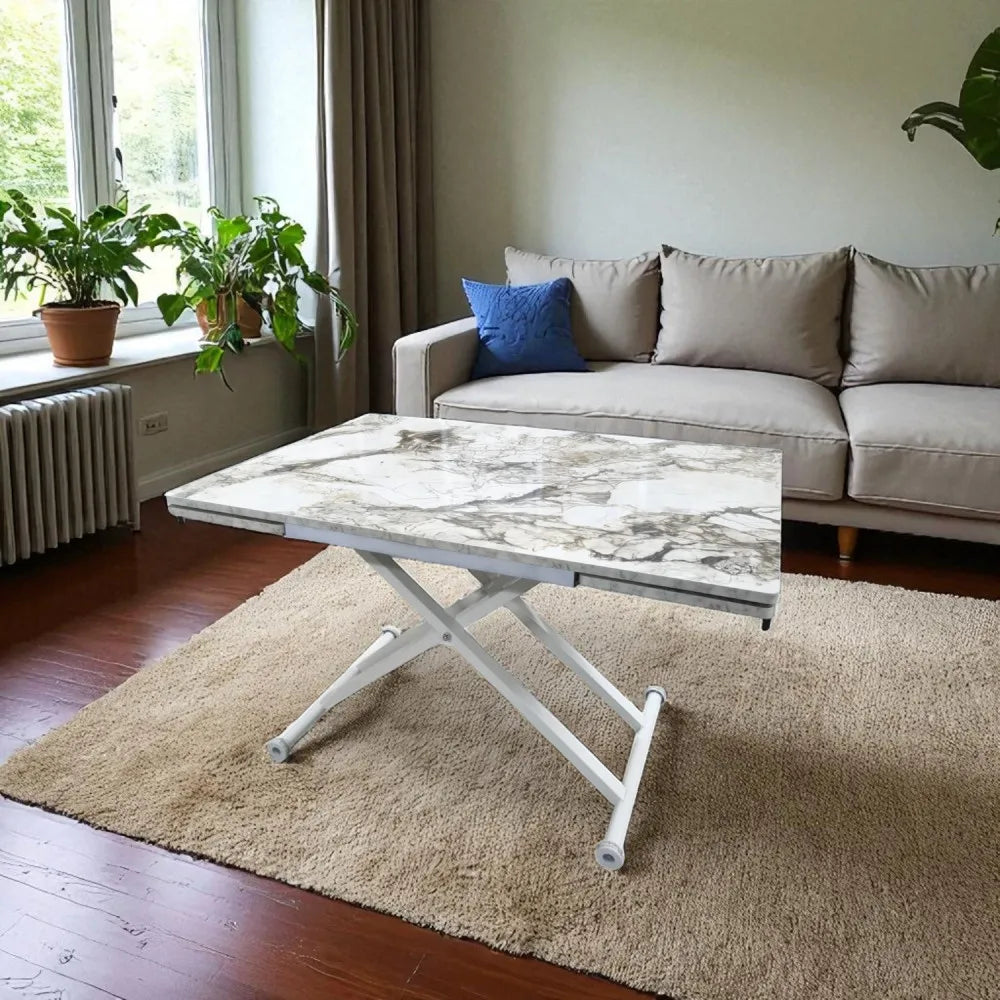 Yan Baştan Açılır Akıllı Masa Üst Mdf BEYAZ MERMER Alt Ayak Beyaz Renk