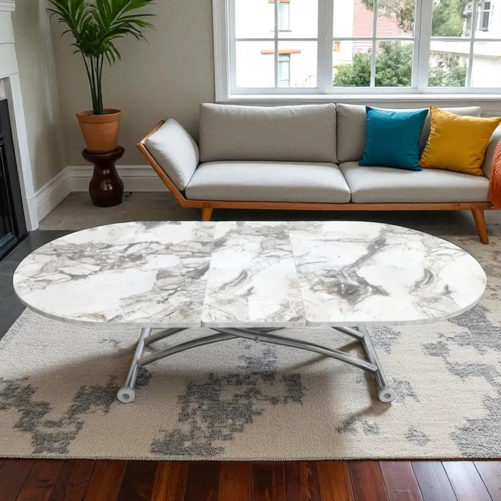 Ortadan Açılır Akıllı Masa Üst Mdf Beyaz Mermer Alt Ayak Krom Kaplama