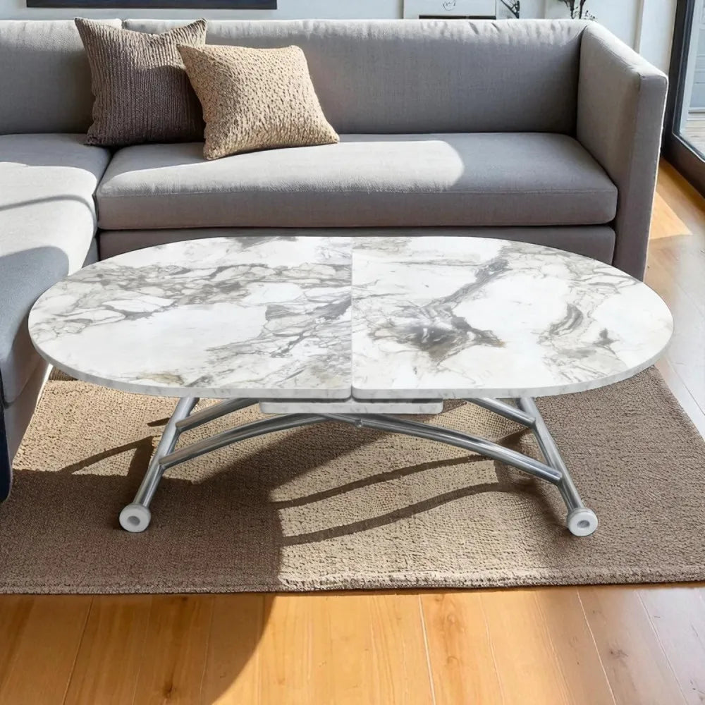 Ortadan Açılır Akıllı Masa Üst Mdf Beyaz Mermer Alt Ayak Krom Kaplama