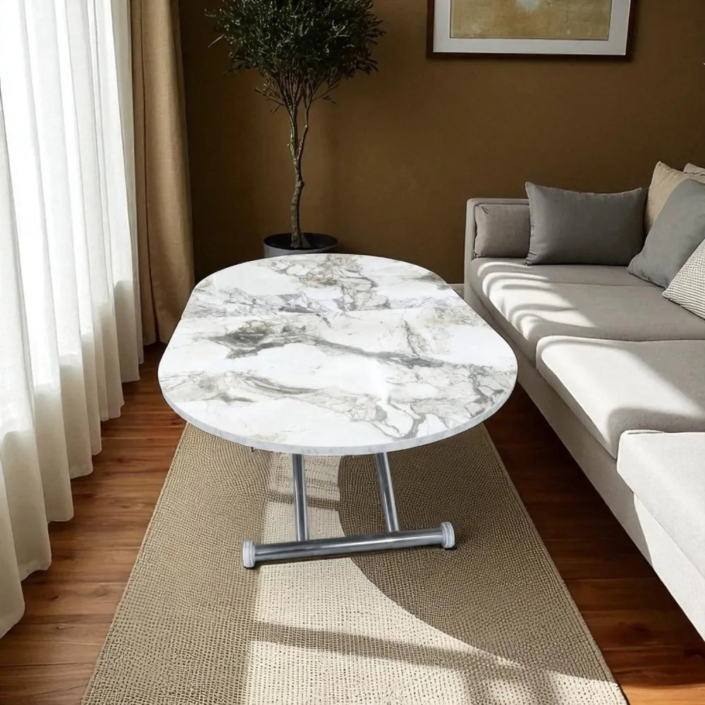 Ortadan Açılır Akıllı Masa Üst Mdf Beyaz Mermer Alt Ayak Krom Kaplama