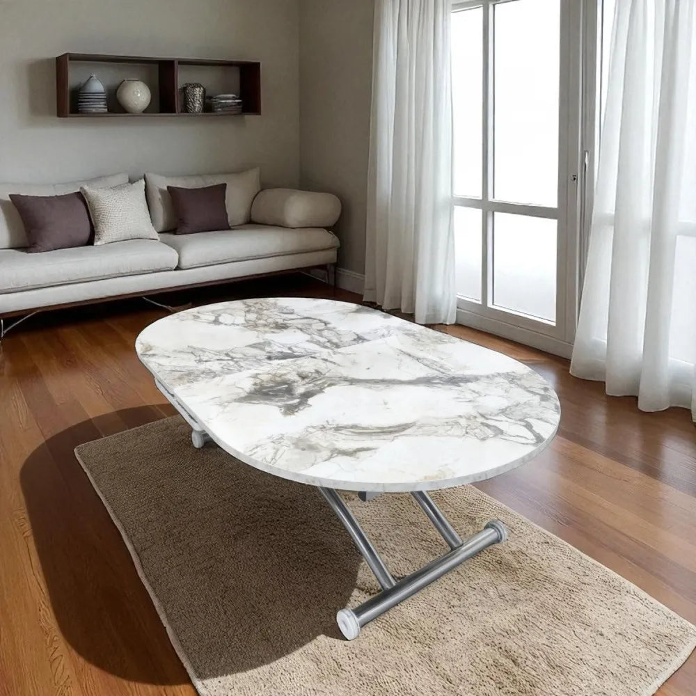 Ortadan Açılır Akıllı Masa Üst Mdf Beyaz Mermer Alt Ayak Krom Kaplama