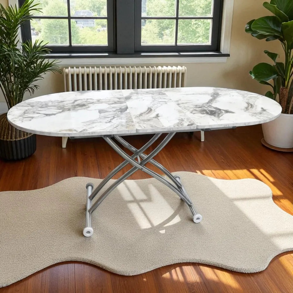 Ortadan Açılır Akıllı Masa Üst Mdf Beyaz Mermer Alt Ayak Krom Kaplama