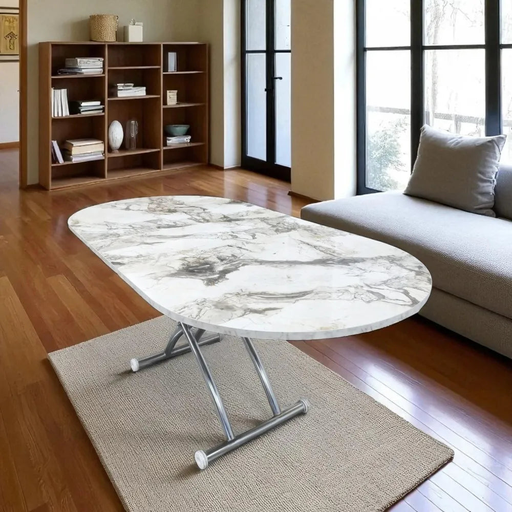 Ortadan Açılır Akıllı Masa Üst Mdf Beyaz Mermer Alt Ayak Krom Kaplama