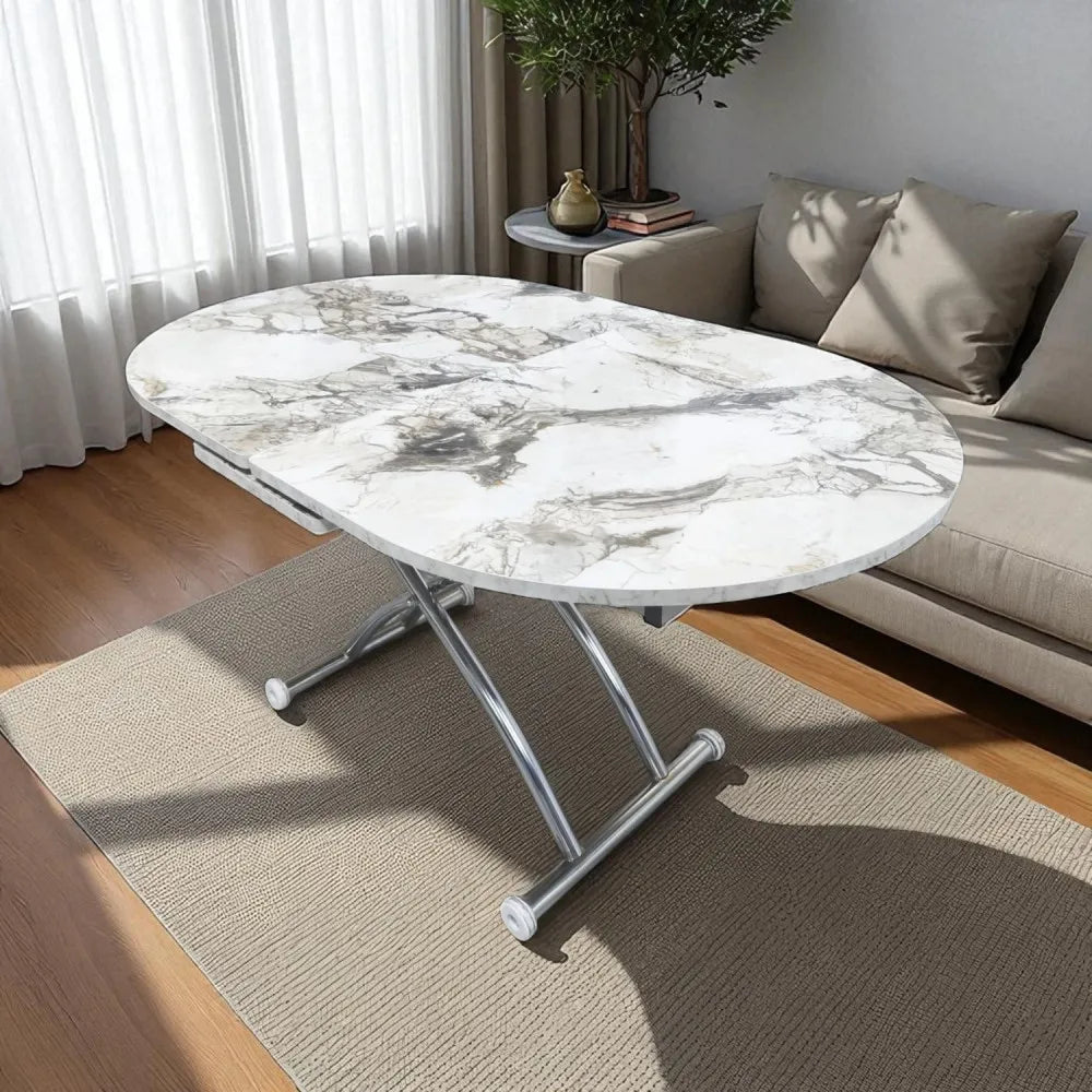 Ortadan Açılır Akıllı Masa Üst Mdf Beyaz Mermer Alt Ayak Krom Kaplama