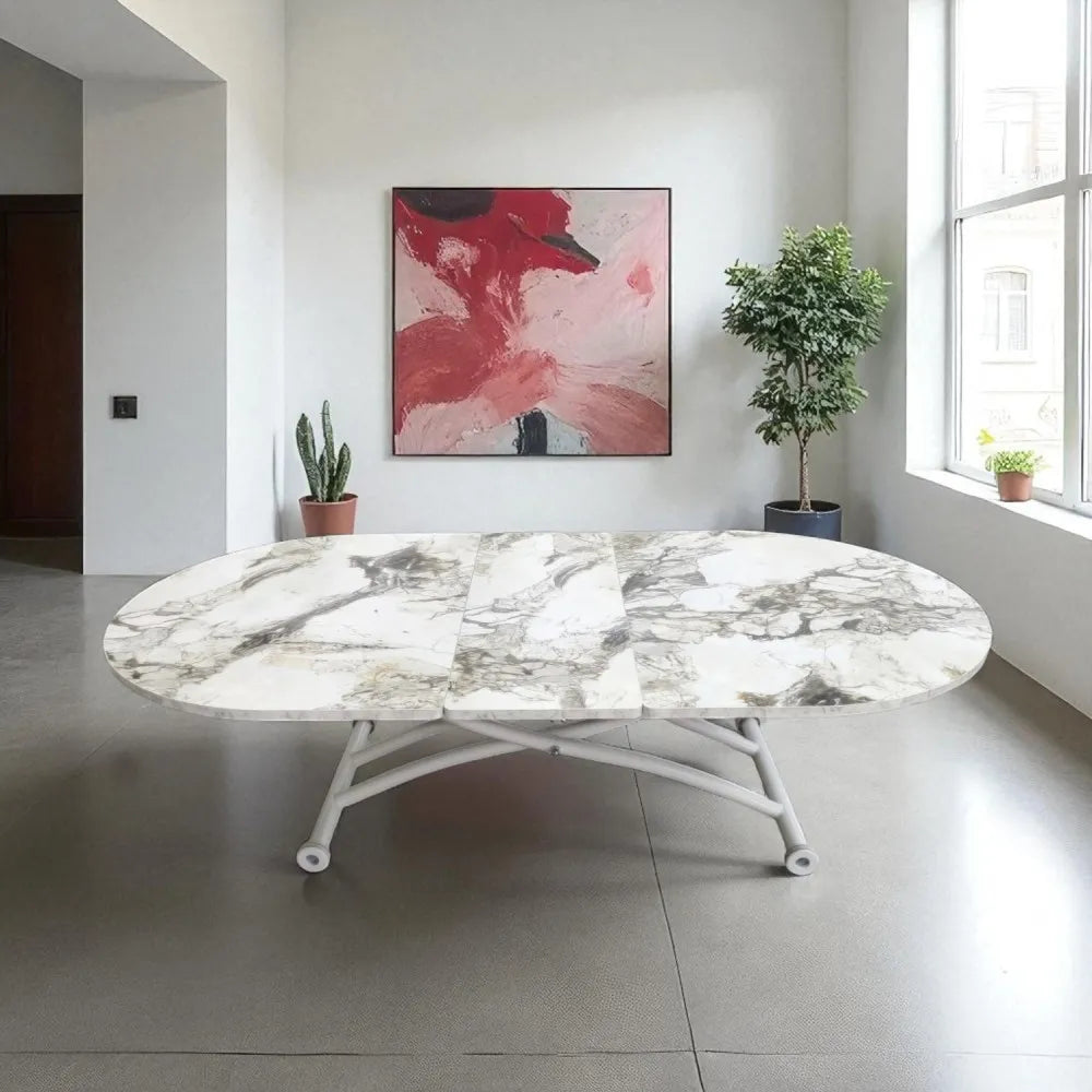 Ortadan Açılır Akıllı Masa Üst Mdf Beyaz Mermer Alt Ayak Beyaz Renk