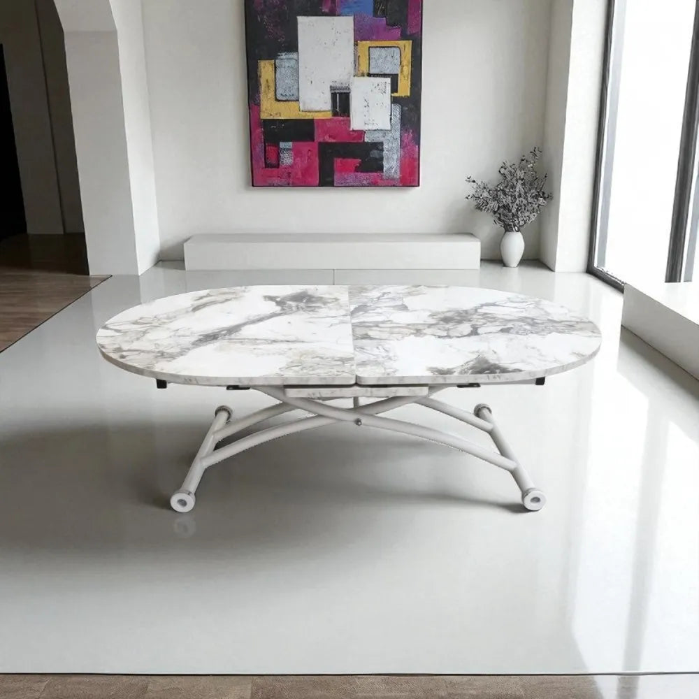 Ortadan Açılır Akıllı Masa Üst Mdf Beyaz Mermer Alt Ayak Beyaz Renk