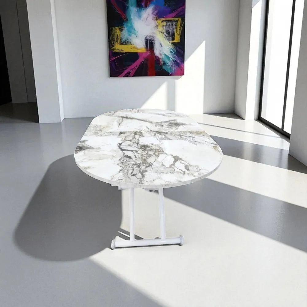 Ortadan Açılır Akıllı Masa Üst Mdf Beyaz Mermer Alt Ayak Beyaz Renk