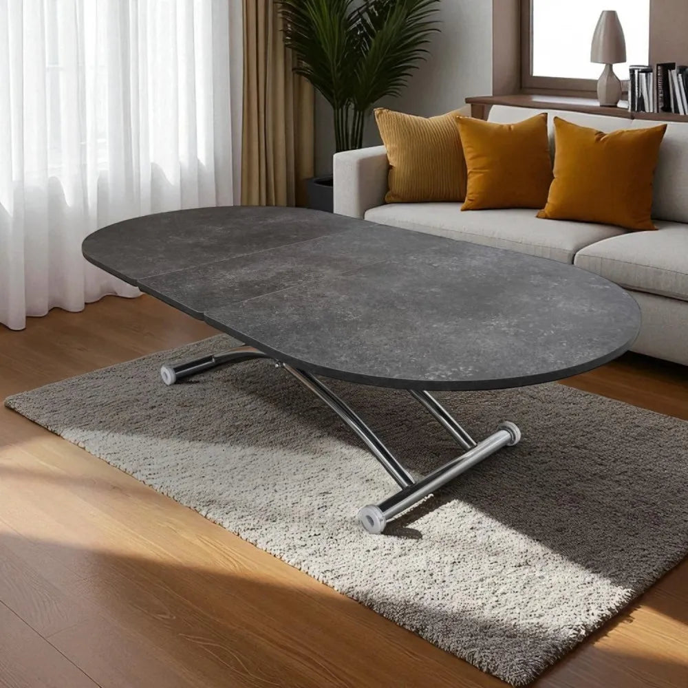 Oval Ortadan Açılır Akıllı Masa Üst Mdf Frezeli Antrasit Alt Ayak Krom Kaplama