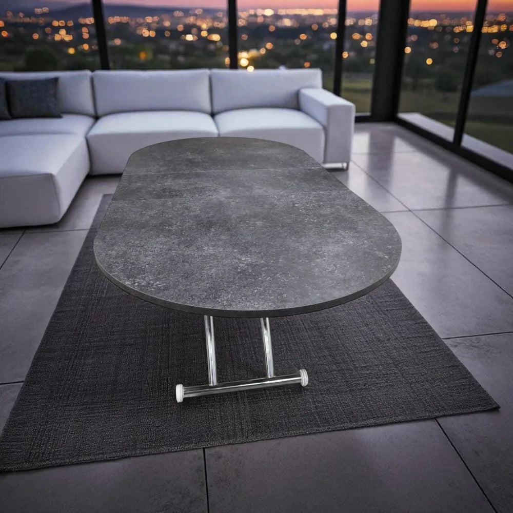 Oval Ortadan Açılır Akıllı Masa Üst Mdf Frezeli Antrasit Alt Ayak Krom Kaplama