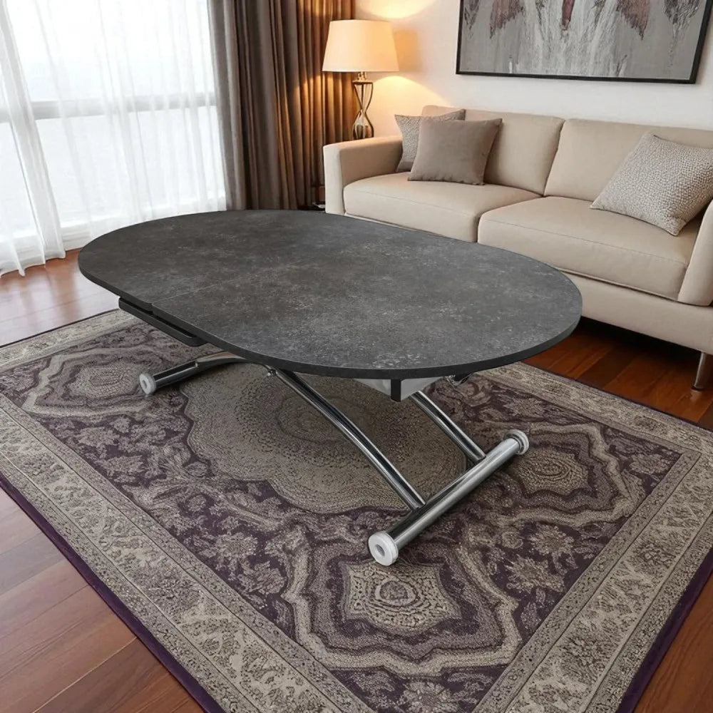 Oval Ortadan Açılır Akıllı Masa Üst Mdf Frezeli Antrasit Alt Ayak Krom Kaplama