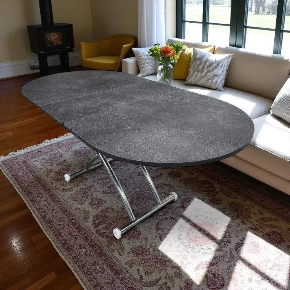 Oval Ortadan Açılır Akıllı Masa Üst Mdf Frezeli Antrasit Alt Ayak Krom Kaplama