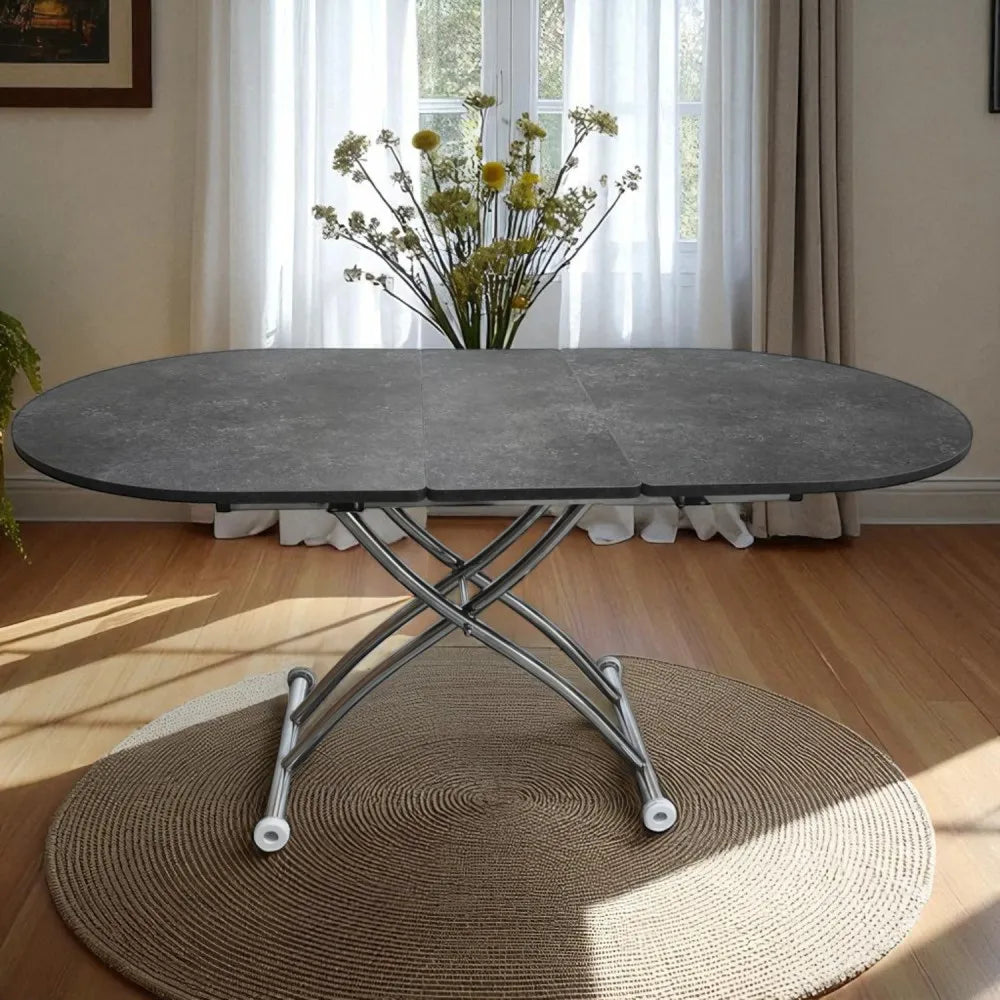 Oval Ortadan Açılır Akıllı Masa Üst Mdf Frezeli Antrasit Alt Ayak Krom Kaplama