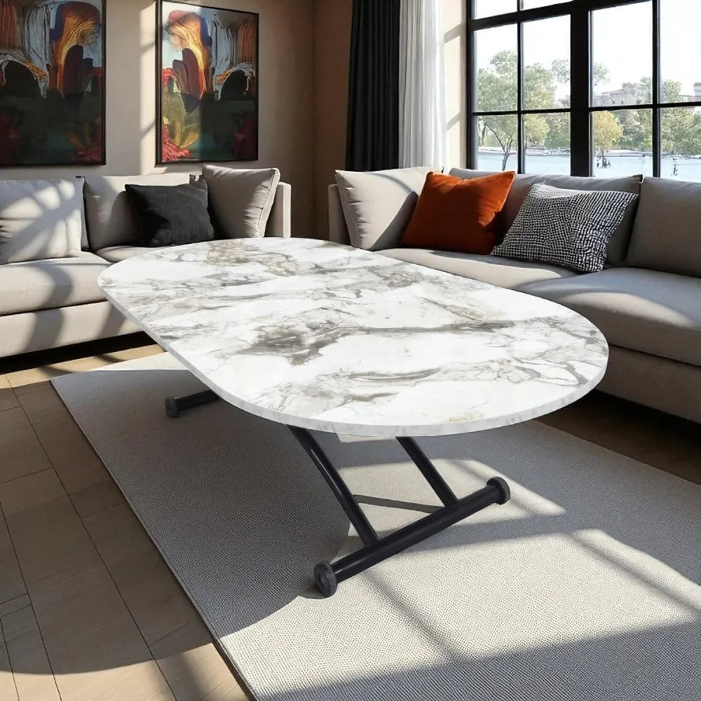 Ortadan Açılır Akıllı Masa Üst Mdf Beyaz Mermer Alt Ayak Siyah Renk