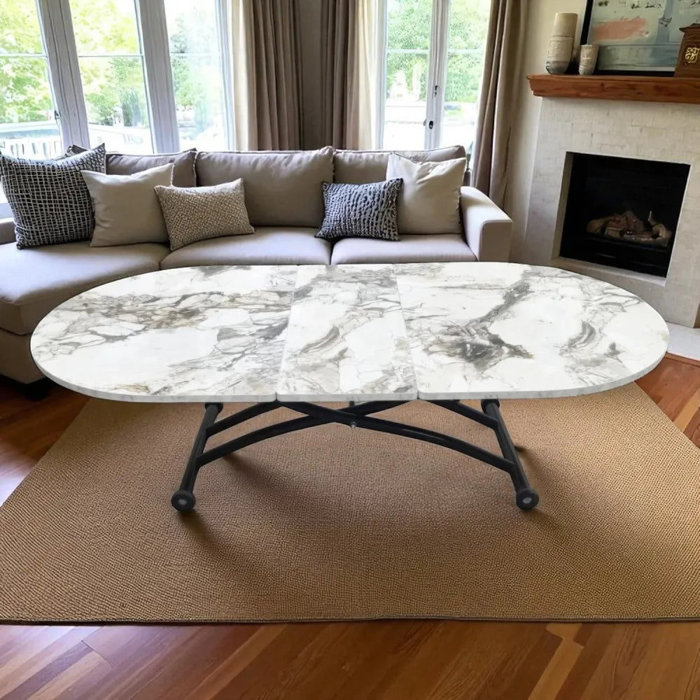 Ortadan Açılır Akıllı Masa Üst Mdf Beyaz Mermer Alt Ayak Siyah Renk