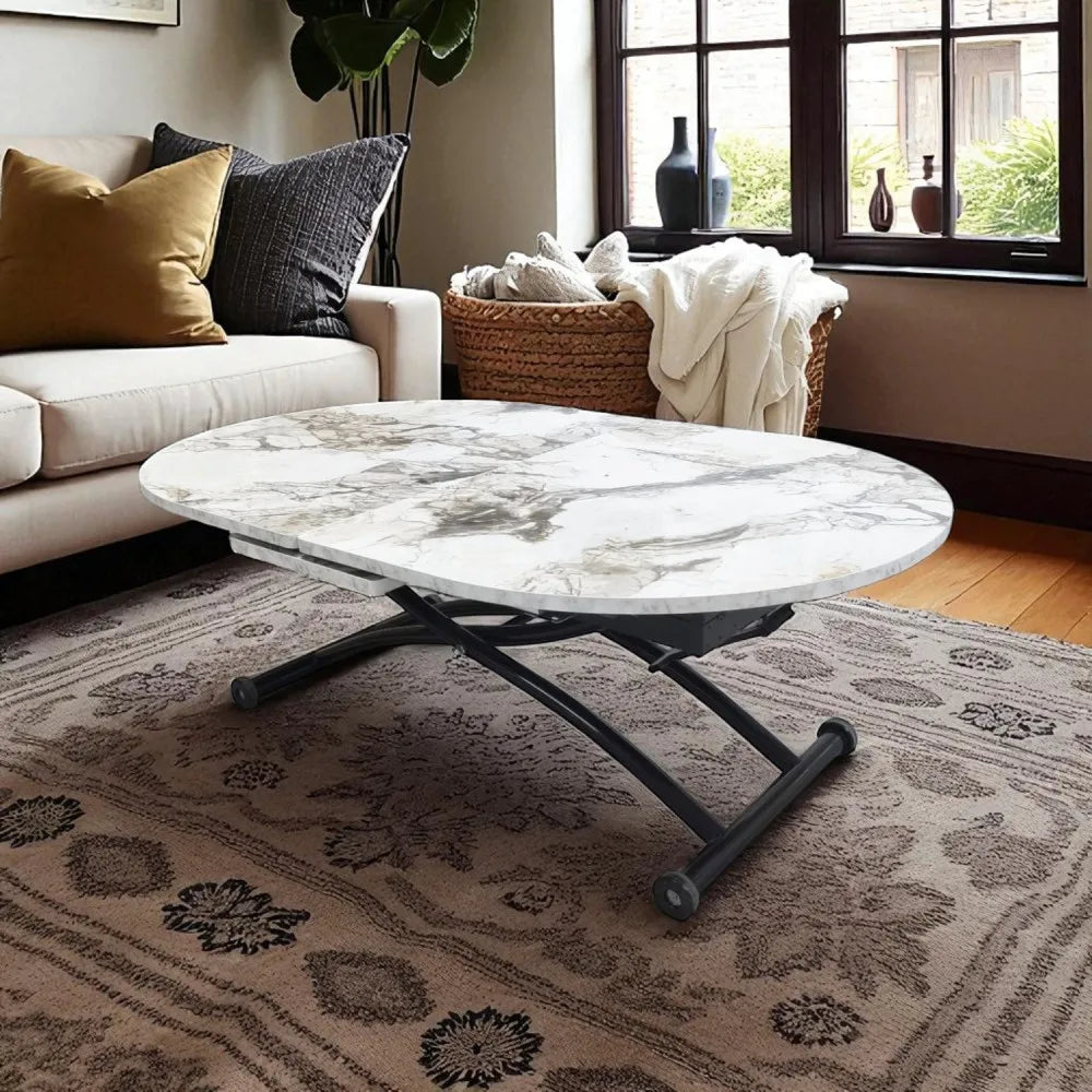 Ortadan Açılır Akıllı Masa Üst Mdf Beyaz Mermer Alt Ayak Siyah Renk