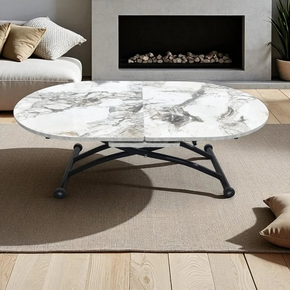 Ortadan Açılır Akıllı Masa Üst Mdf Beyaz Mermer Alt Ayak Siyah Renk