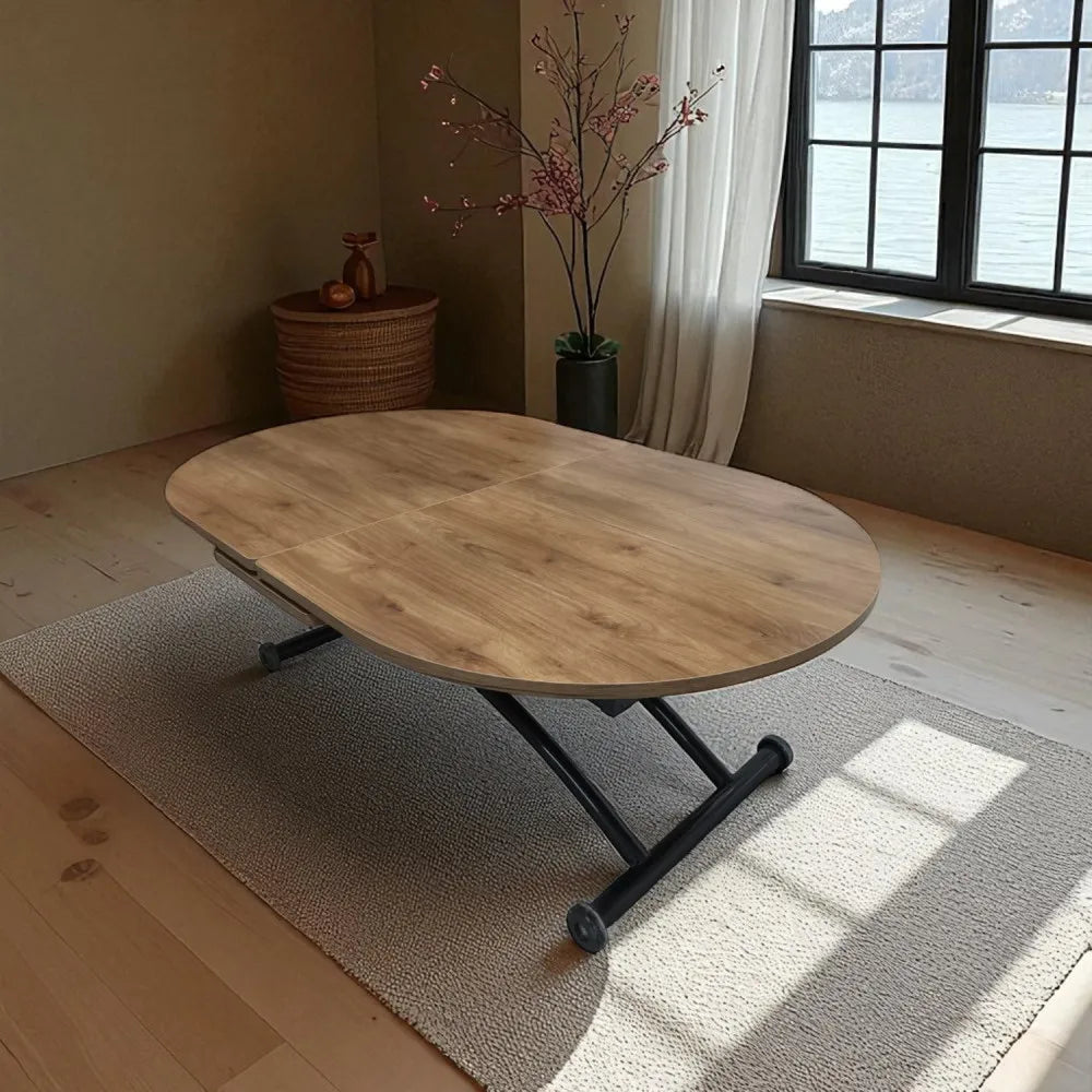 Ortadan Açılır Akıllı Masa Üst Mdf Ceviz Alt Ayak Siyah Renk