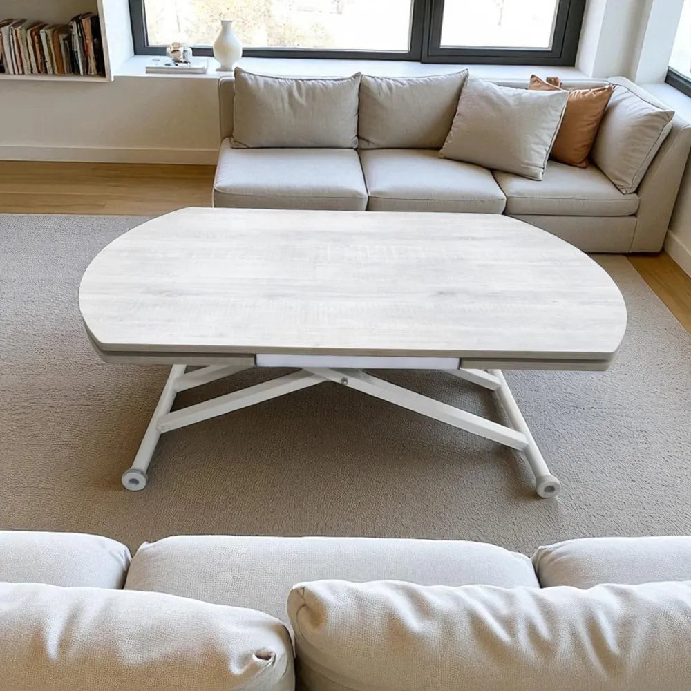 Oval Yan Baştan Açılır Akıllı Masa Üst Mdf Lizbon Alt Ayak Beyaz Renk