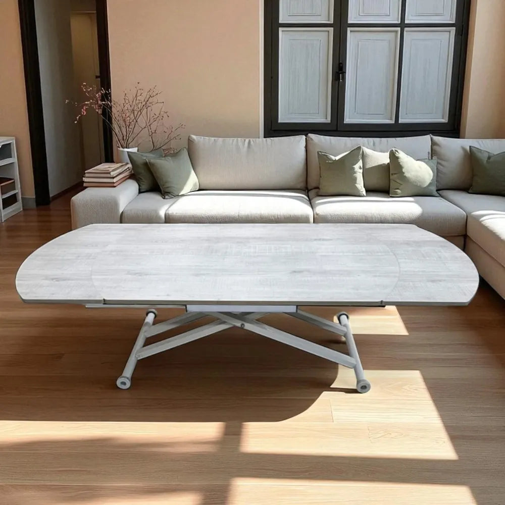 Oval Yan Baştan Açılır Akıllı Masa Üst Mdf Lizbon Alt Ayak Beyaz Renk