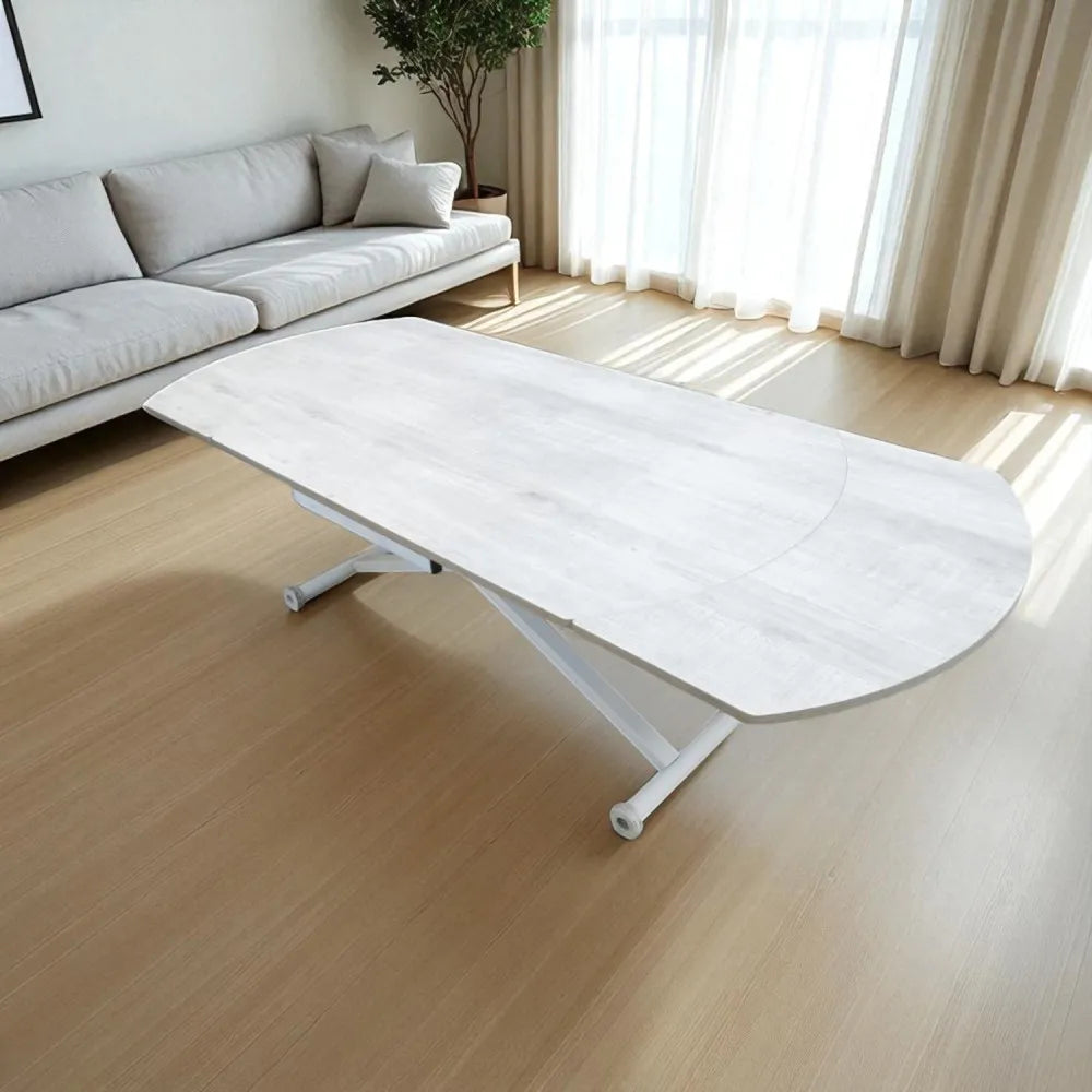 Oval Yan Baştan Açılır Akıllı Masa Üst Mdf Lizbon Alt Ayak Beyaz Renk