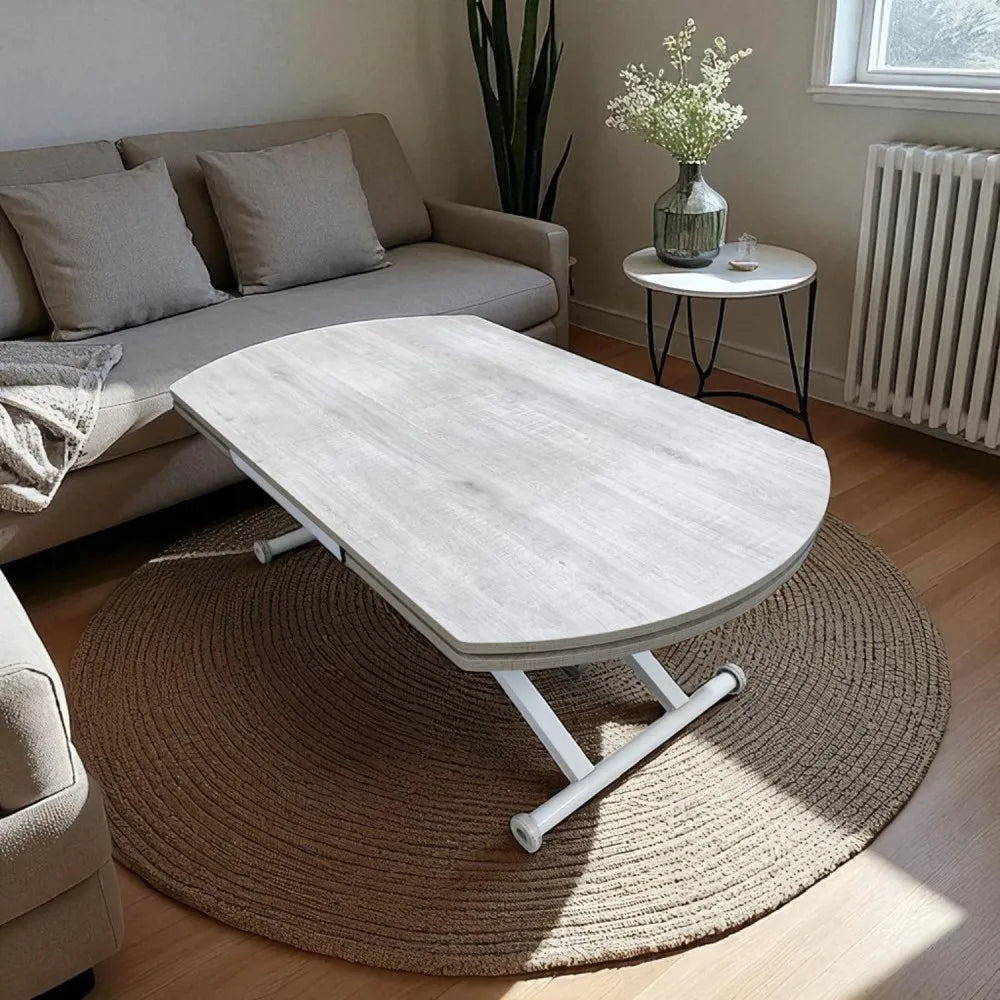 Oval Yan Baştan Açılır Akıllı Masa Üst Mdf Lizbon Alt Ayak Beyaz Renk