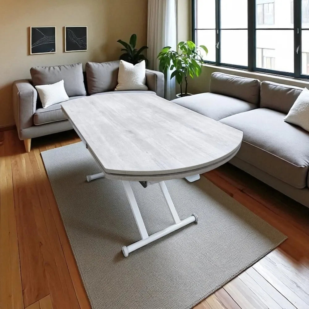 Oval Yan Baştan Açılır Akıllı Masa Üst Mdf Lizbon Alt Ayak Beyaz Renk