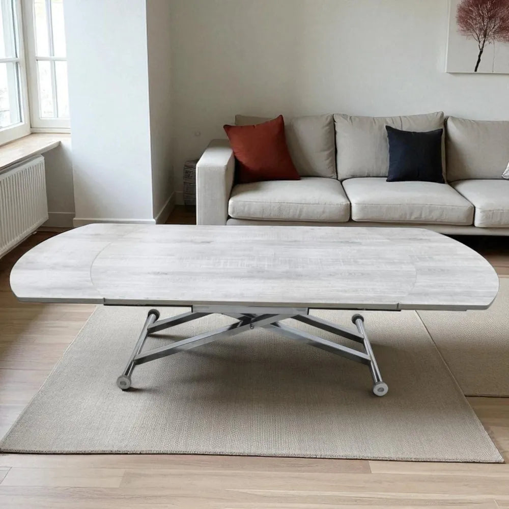 Oval Yan Baştan Açılır Akıllı Masa Üst Mdf Lizbon Alt Ayak Krom Kaplama