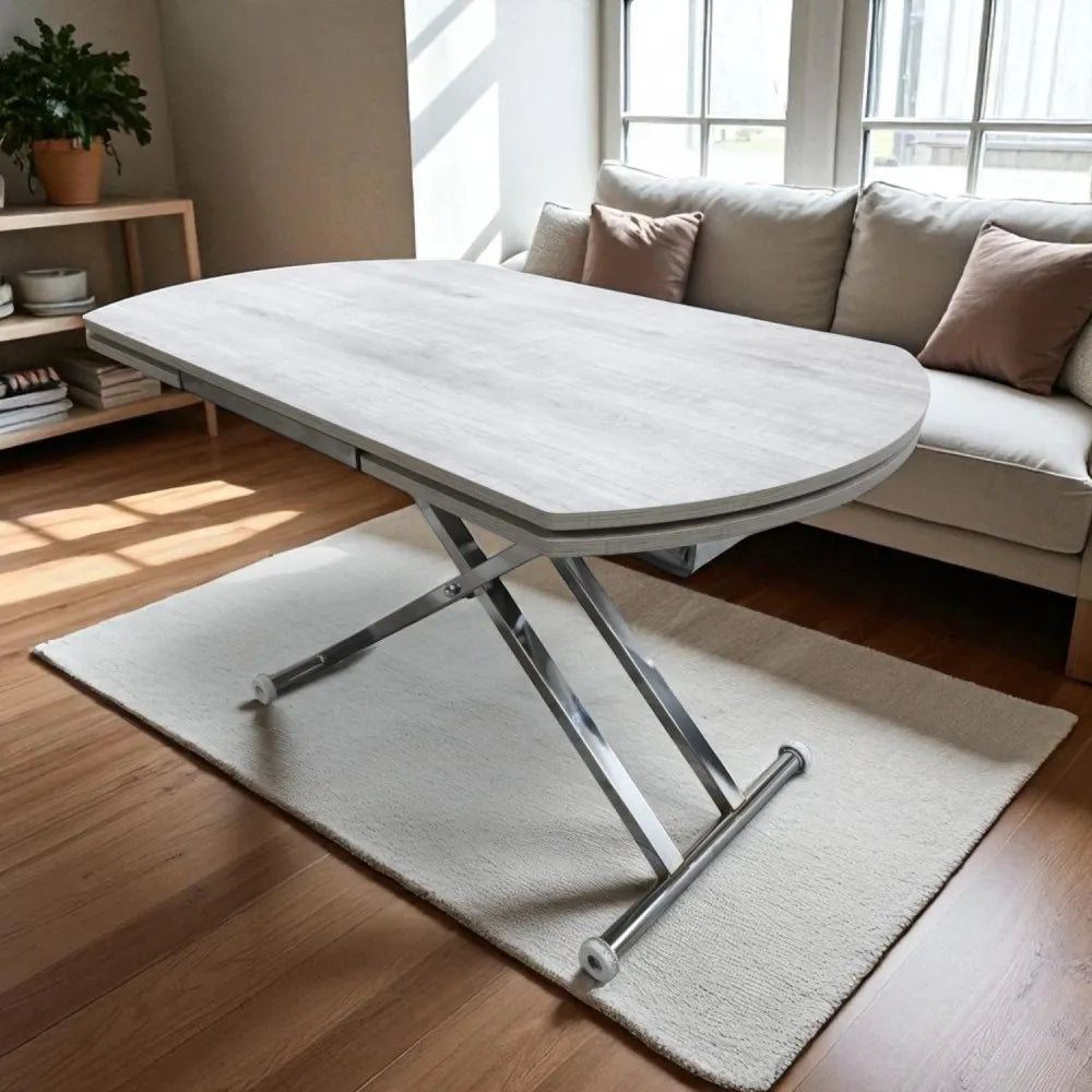 Oval Yan Baştan Açılır Akıllı Masa Üst Mdf Lizbon Alt Ayak Krom Kaplama