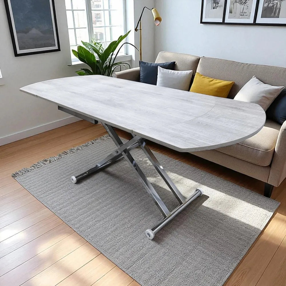 Oval Yan Baştan Açılır Akıllı Masa Üst Mdf Lizbon Alt Ayak Krom Kaplama