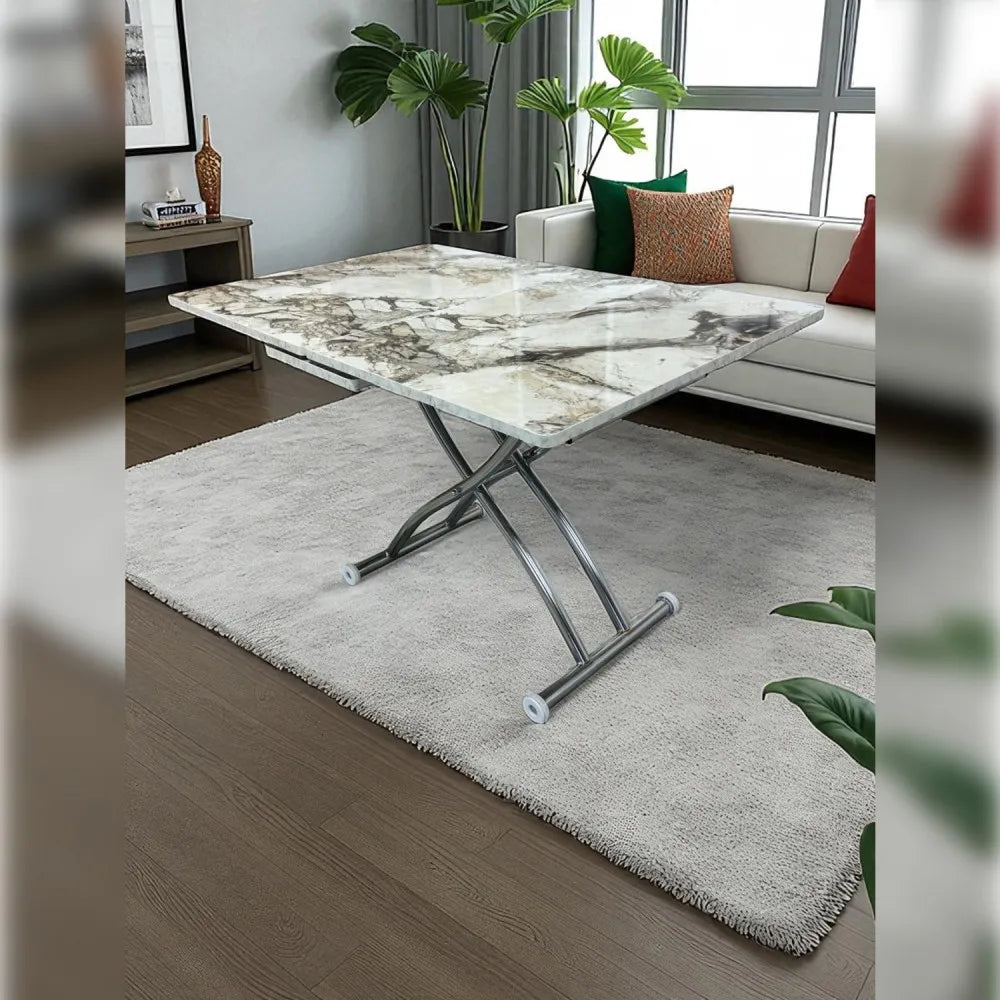 Ortadan Açılır Akıllı Masa Üst Mdf Beyaz Mermer Alt Ayak Krom Kaplama